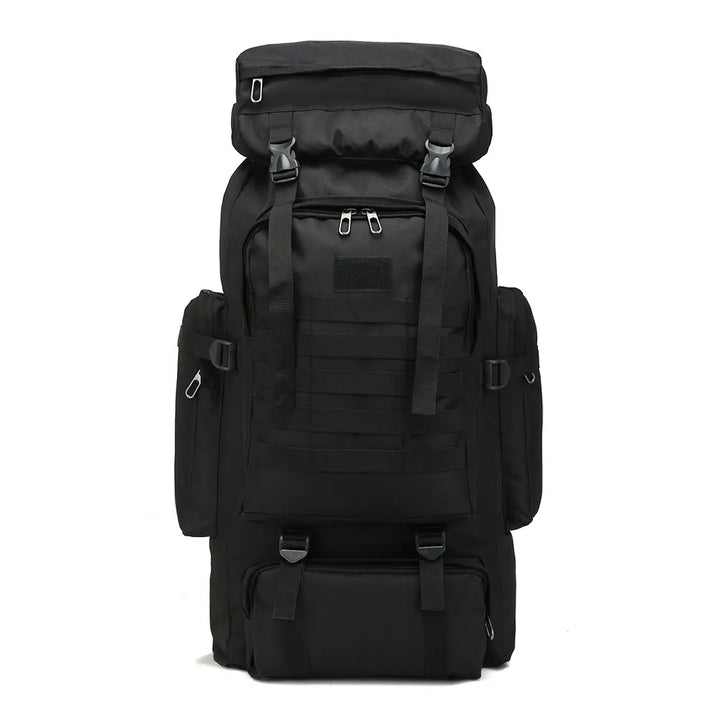 Sac à dos de randonnée 70L tactique noir robuste avec attaches MOLLE.
