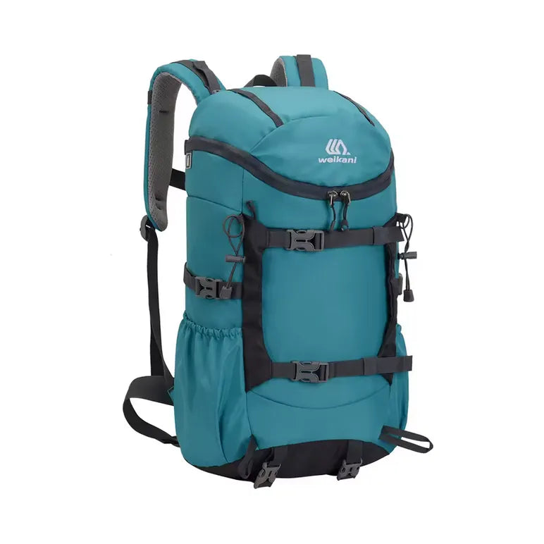Sac à dos de randonnée étanche de grande capacité, coloris turquoise, avec multiples poches et sangles de compression, idéal pour camping, trekking, escalade et cyclisme.