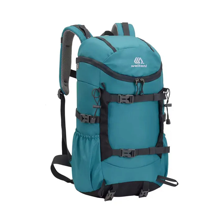 Sac à dos de randonnée étanche de grande capacité, coloris turquoise, avec multiples poches et sangles de compression, idéal pour camping, trekking, escalade et cyclisme.