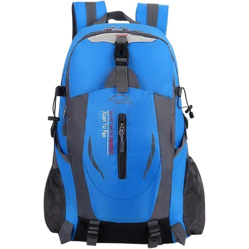 Sac à dos de randonnée outdoor 40L bleu vif avec poches latérales en filet.