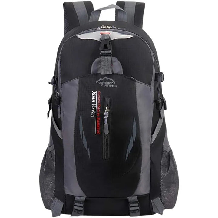 Sac à dos de randonnée outdoor 40L noir avec détails gris et multiples compartiments.