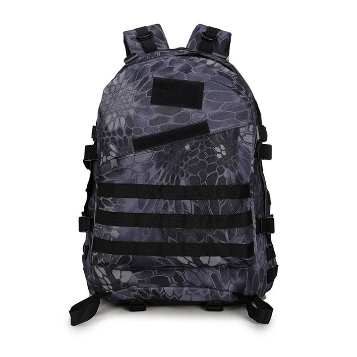 Sac à dos tactique camouflage urbain noir avec sangles molle pour activités outdoor.