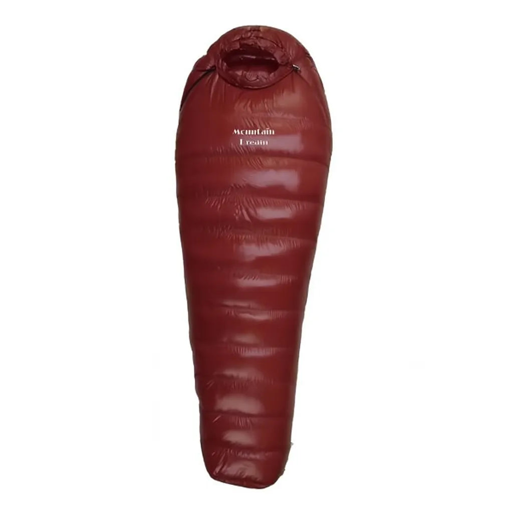 Sac de couchage bordeaux en duvet pour randonnée.