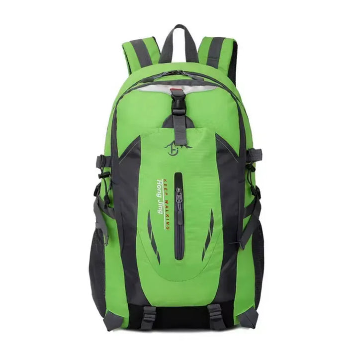 Sac à dos de randonnée imperméable vert avec compartiments multiples.