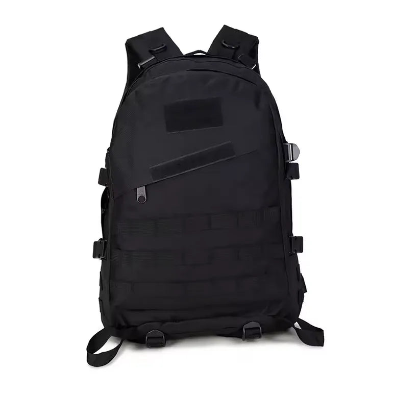 Sac à dos tactique noir 50L avec sangles Molle vu de face.
