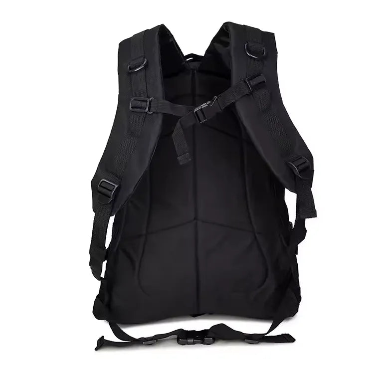 Vue arrière du sac tactique noir montrant les bretelles et le dos rembourré.