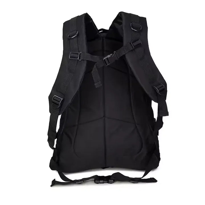 Vue arrière du sac tactique noir montrant les bretelles et le dos rembourré.