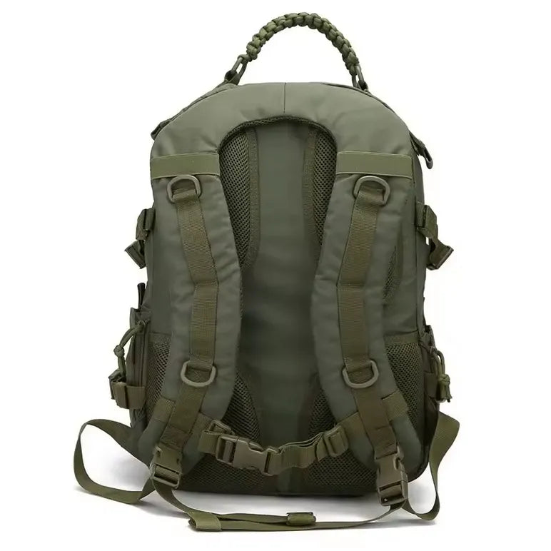 Vue arrière du sac à dos tactique 35L kaki.