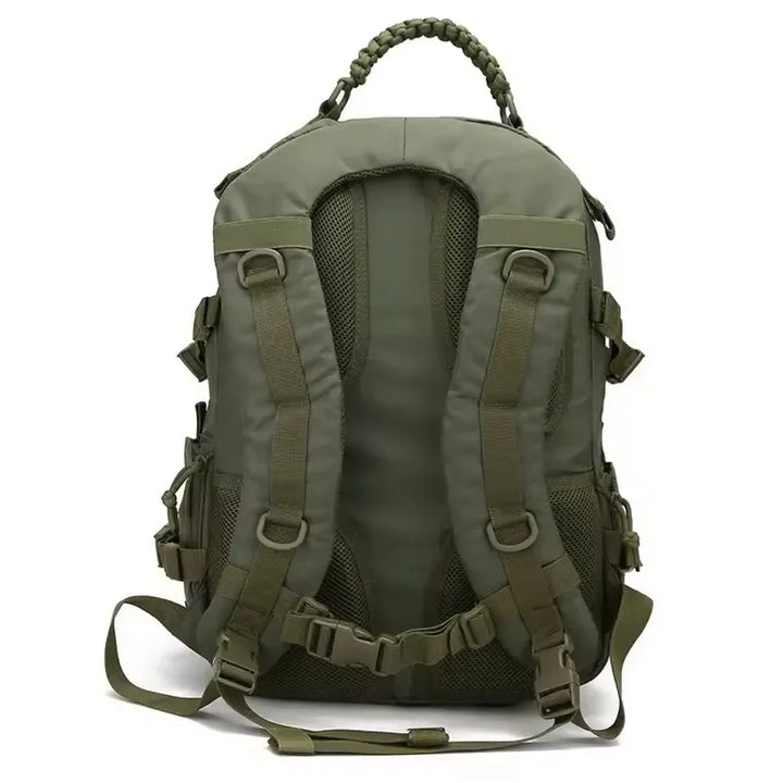 Vue arrière du sac à dos tactique 35L kaki.
