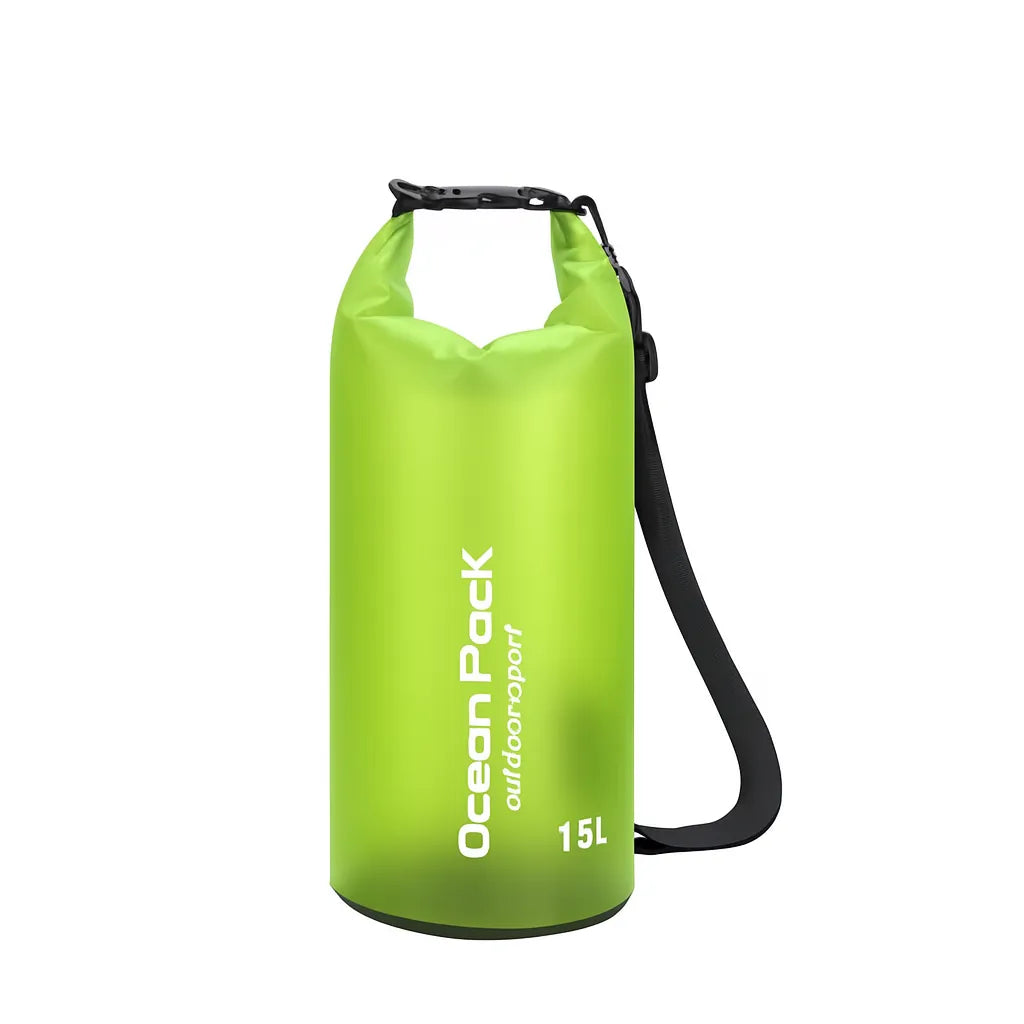 sac étanche de 15 litres vert pour rangement outdoor, activités nautiques et randonnée 