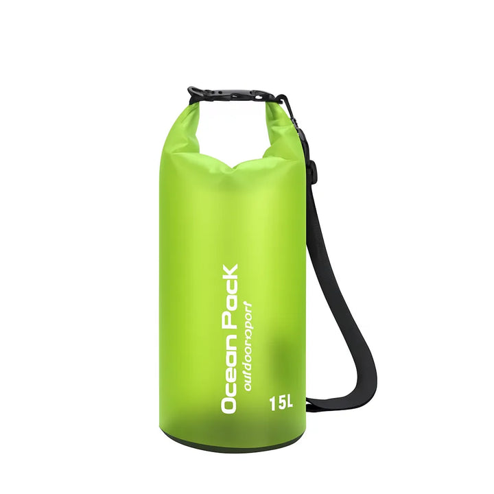 sac étanche de 15 litres vert pour rangement outdoor, activités nautiques et randonnée 