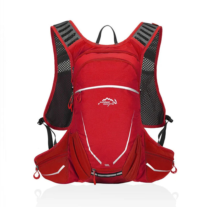 Modèle rouge vif de sac d’hydratation outdoor compact et respirant, avec bretelles ergonomiques et accès rapide aux poches latérales.