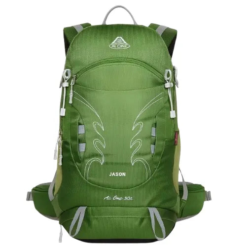 Sac à dos de randonnée 30L vert respirant avec maintien dorsal suspendu.