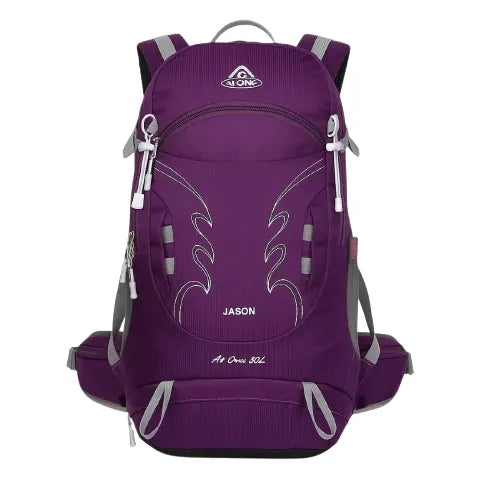 Sac à dos de randonnée 30L violet avec maintien dorsal respirant.