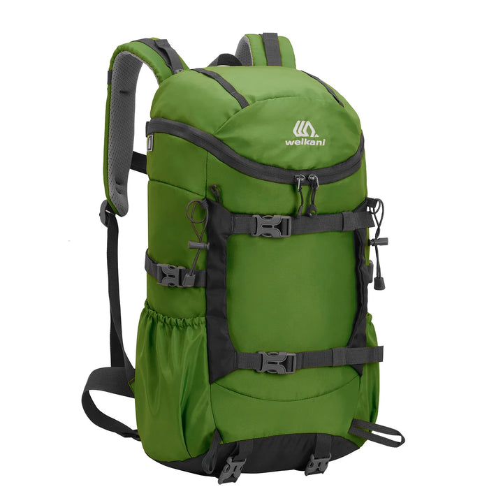 Sac à dos de randonnée 40L étanche en tissu résistant vert olive, conçu pour l'outdoor.