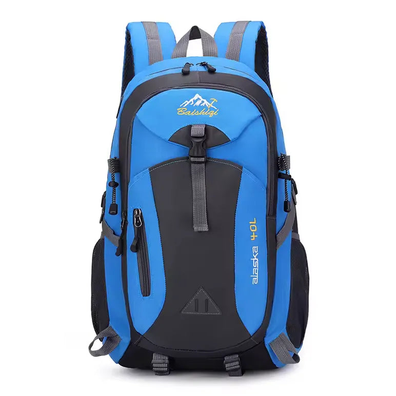 Sac de randonnée 40L unisexe bleu et gris avec poches latérales et sangles ajustables.