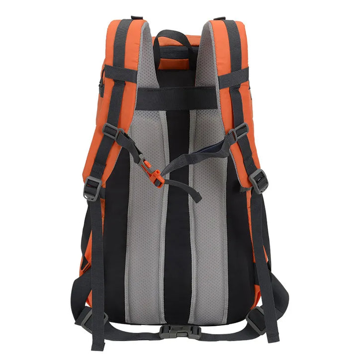 Vue arrière du sac de randonnée 50L orange avec bretelles ergonomiques