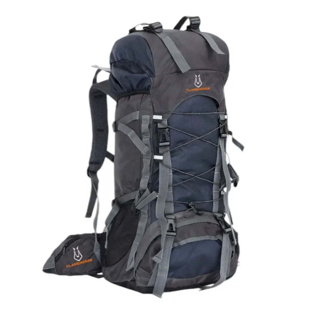 Sac à dos de randonnée 60L Flamehorse noir et gris, vue de face avec système de sangles extérieures