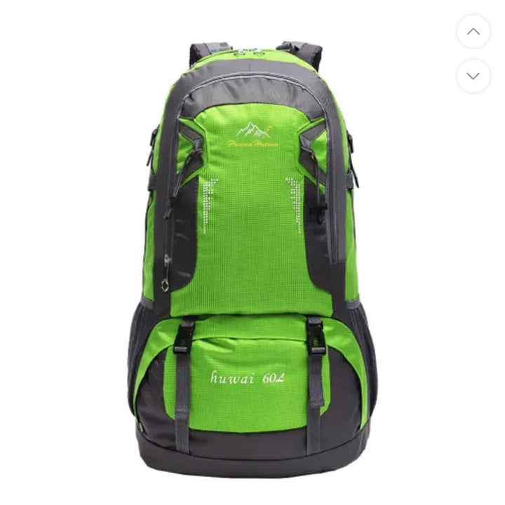 Sac à dos de randonnée 60L pour homme en vert fluo avec sangle pectorale.