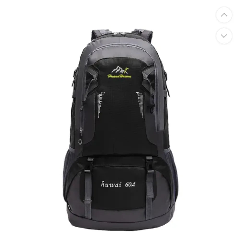 Sac de randonnée imperméable 60L noir, idéal pour le trek longue durée.