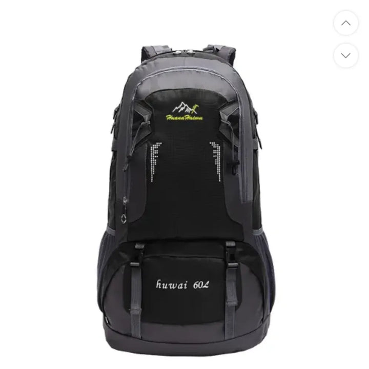Sac de randonnée imperméable 60L noir, idéal pour le trek longue durée.
