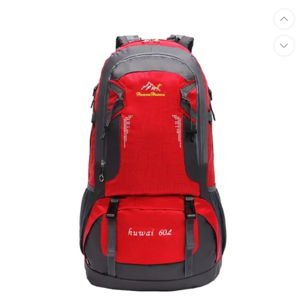 Sac à dos de randonnée 60L rouge et noir pour les activités en plein air.