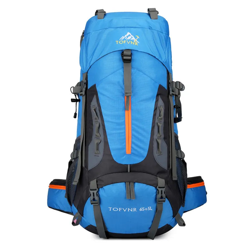 Sac à dos de randonnée 65 litres bleu vue de face.