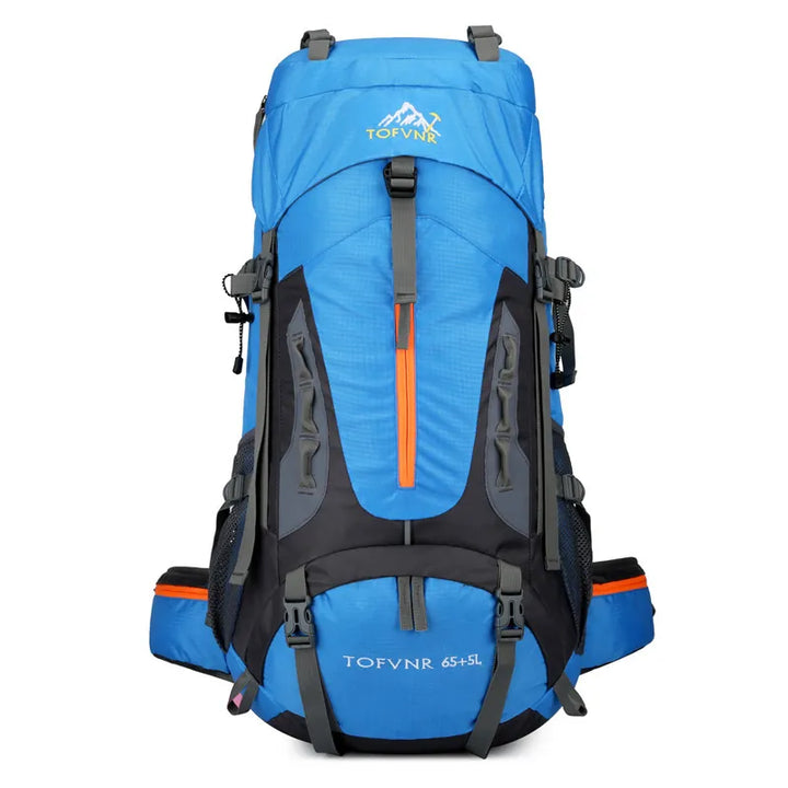 Sac à dos de randonnée 65 litres bleu vue de face.