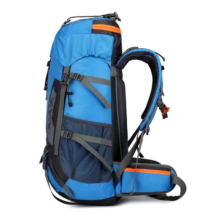 Sac à dos de randonnée 65 litres bleu vue de profil.