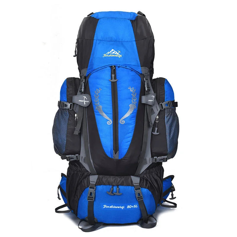 Sac de randonnée 80L bleu avec bretelles renforcées.