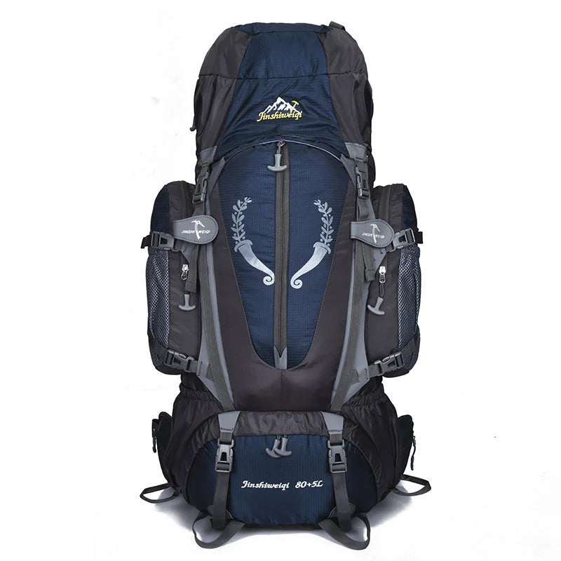Sac de randonnée 80L noir avec bretelles renforcées.