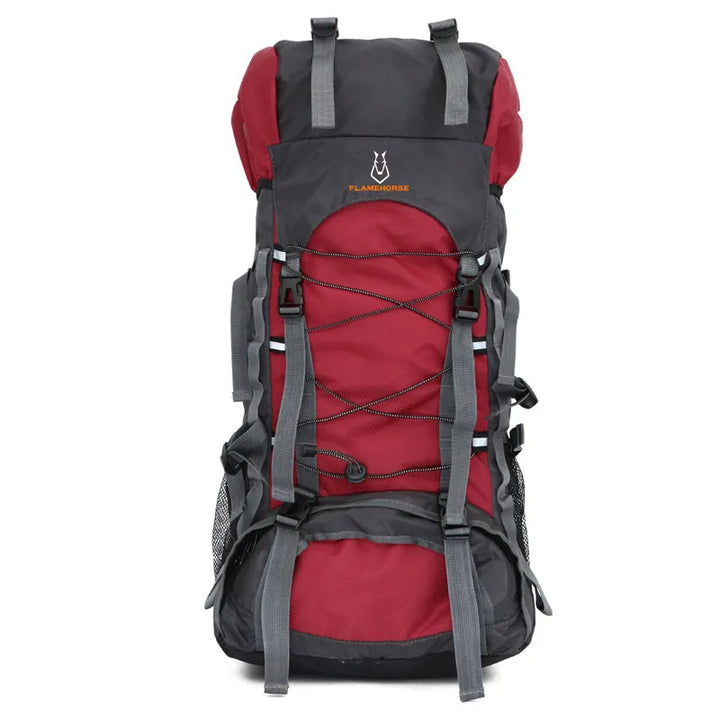 sac à dos de randonnée Flamehorse 60 litres rouge avec sangles de compression et filet latéral