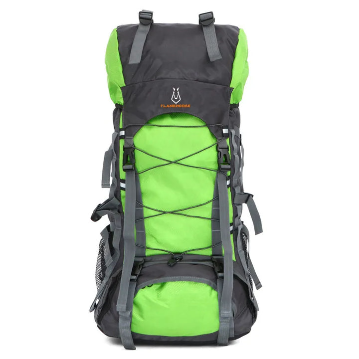 sac à dos trekking Flamehorse 60 litres vert fluo avec dos matelassé et lanières renforcées