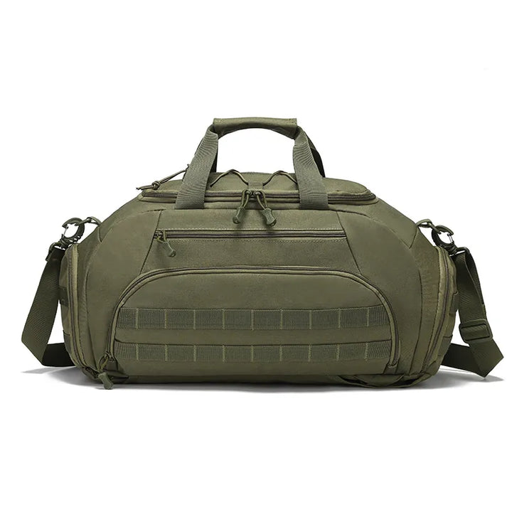 sac tactique vert avec sangles molle pour la randonnée et le bushcraft.
