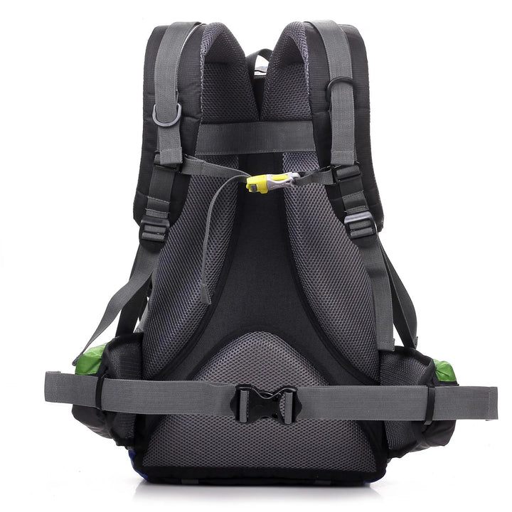 Vue arrière du sac à dos de randonnée vert et gris avec bretelles rembourrées, sangle sternale et panneau dorsal respirant pour un confort optimal en randonnée.