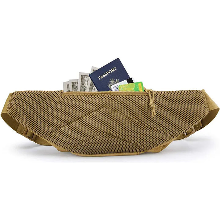  Dos de la sacoche ceinture camel avec poche zippée dissimulée pour passeport, argent et cartes.