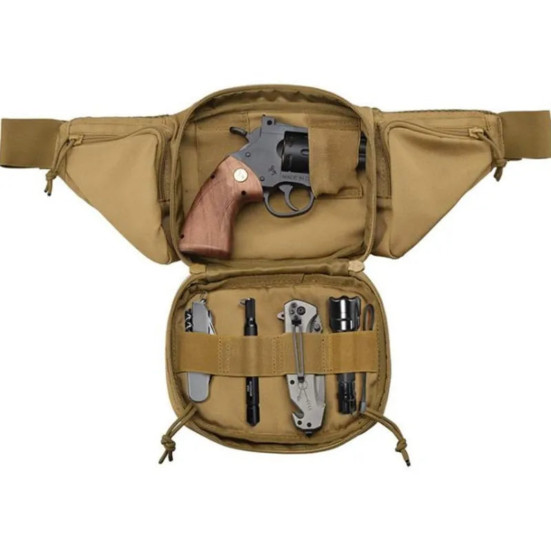 Sacoche ceinture tactique camel ouverte montrant un compartiment de rangement pour outils et objets de survie.