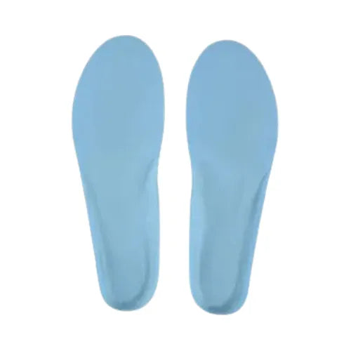 Paire de semelles orthopédiques bleues, fines et légères, améliorant le confort des chaussures pour randonnée et activités de plein air.