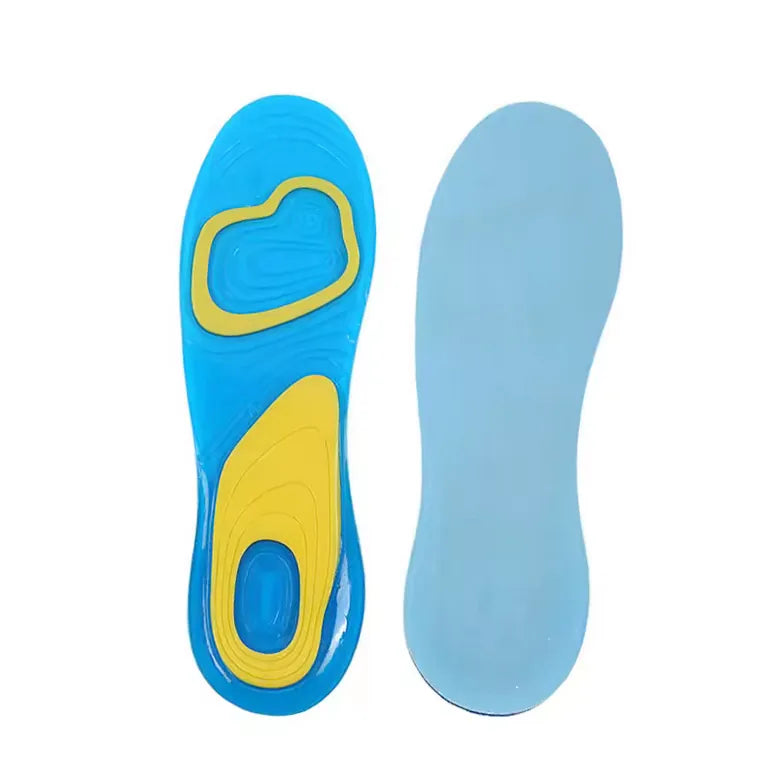 Semelles de sport en gel de silicone bleu et jaune absorbant les chocs.