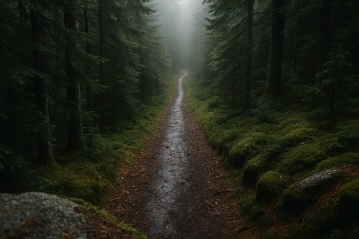 Chemin étroit traversant une forêt dense sous un brouillard épais, évoquant l’exploration en pleine nature sauvage.