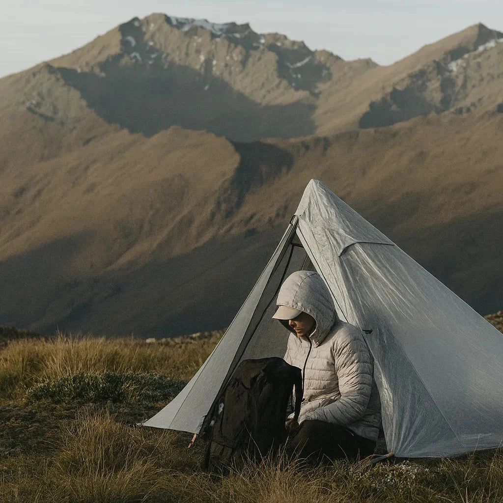 Tente ultralight grise pour bivouac en montagne, installation en autonomie.