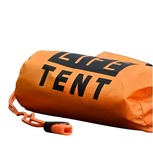 Tente de survie d’urgence orange compressible en sac de transport, idéale pour bivouac, randonnée et camping.