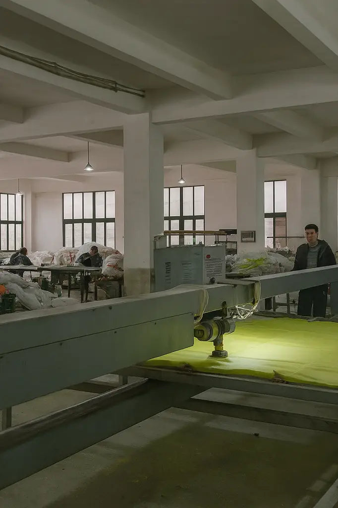 Atelier de fabrication textile avec machine de découpe de tissu et opérateur surveillant la production, dans une usine bien éclairée.