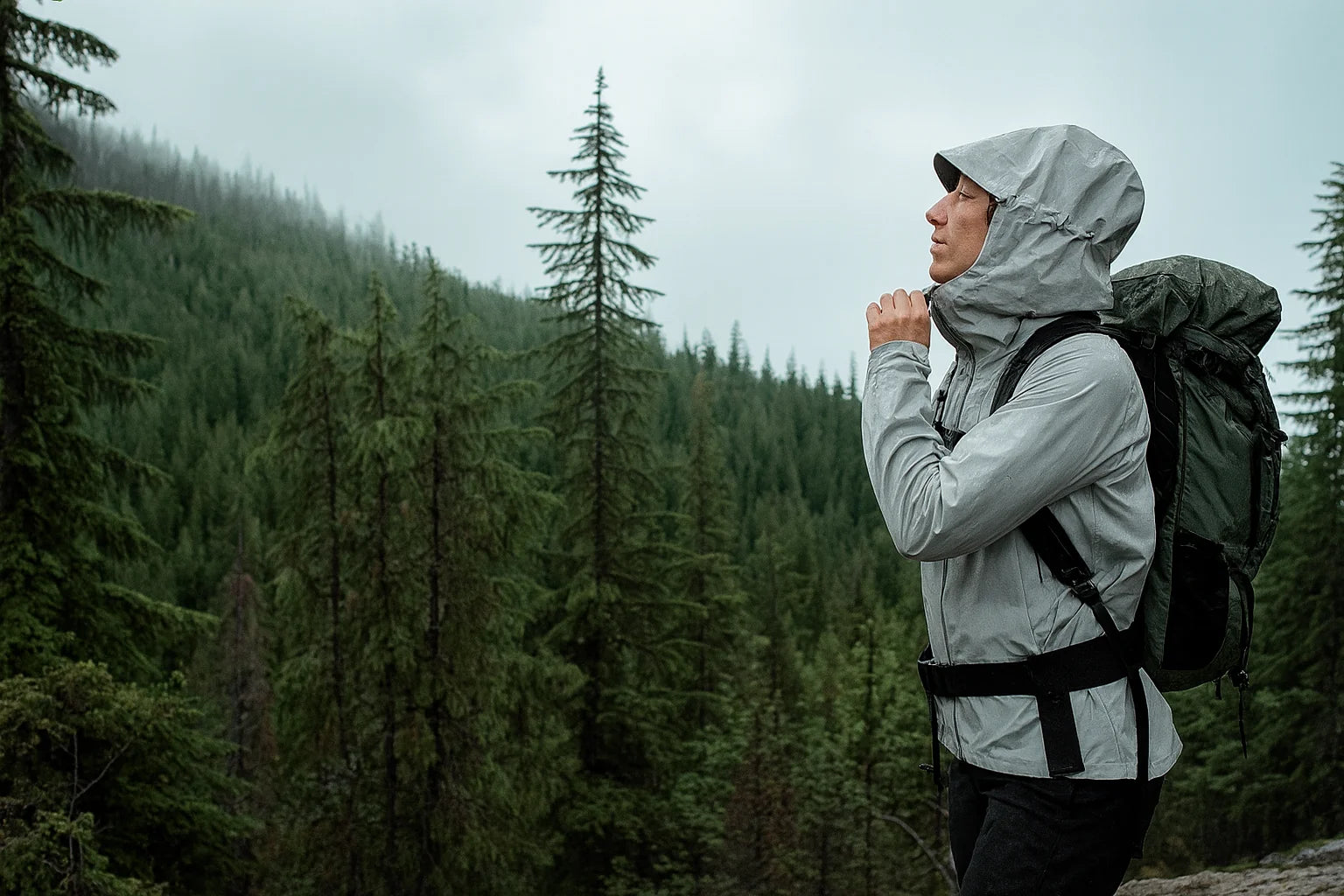 Randonneur en veste imperméable observant la forêt sous la pluie.