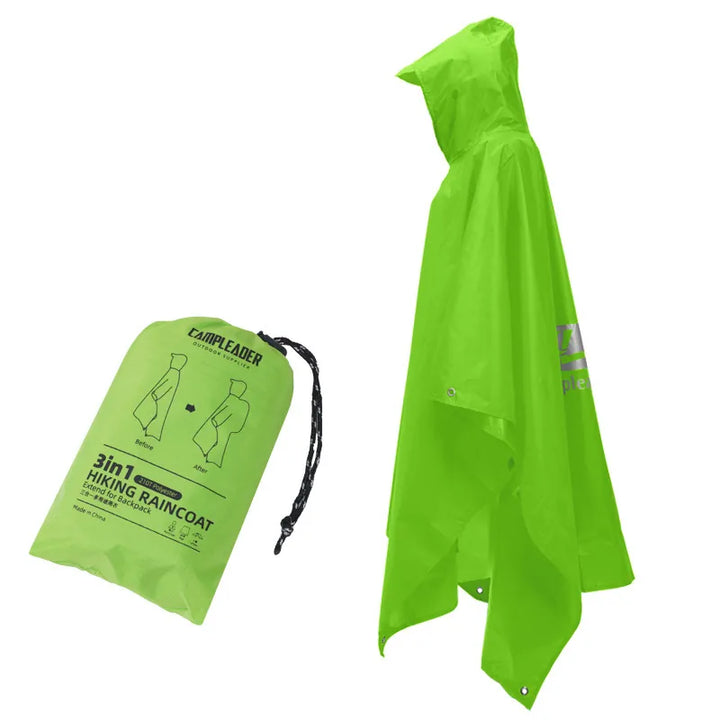Poncho de randonnée imperméable vert avec sac de rangement compact, modèle 3-en-1 CampLeader